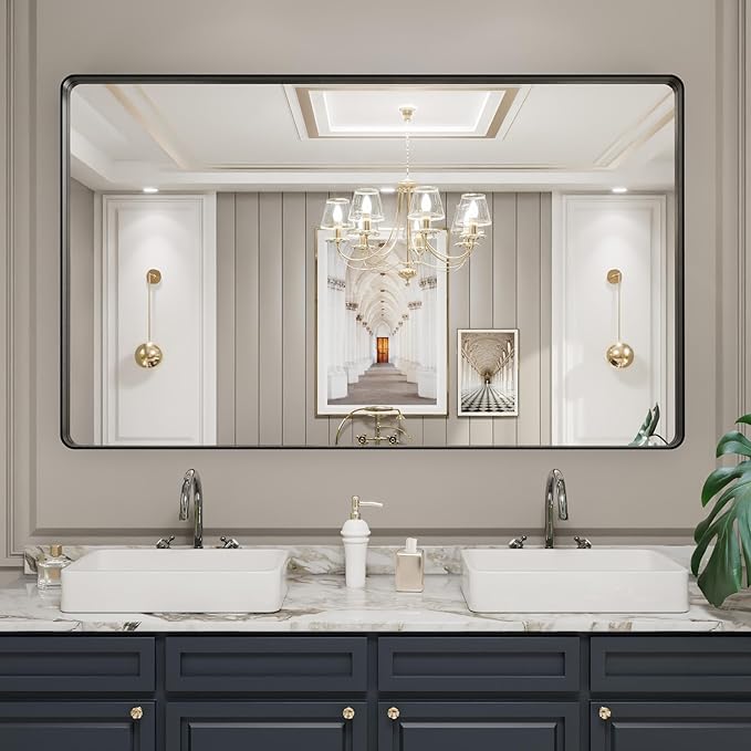 LOAAO Black Metal Framed Bathroom Mirror for Wall, Large 60X36 Inch Rounded Rectangle Mirror, Matte Black Bathroom Vanity Mirror Farmhouse, Anti-Rust, Tempered Glass, Hangs Horizontally or Vertically