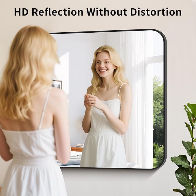 Koonmi Black Framed Bathroom Mirror - 28x36 Inch Shatterproof Tempered Glass Vanity Mirror for Bathroom Sink, Wall Mounted with Matte Aluminum Alloy Frame, No Distortion, Modern Decor