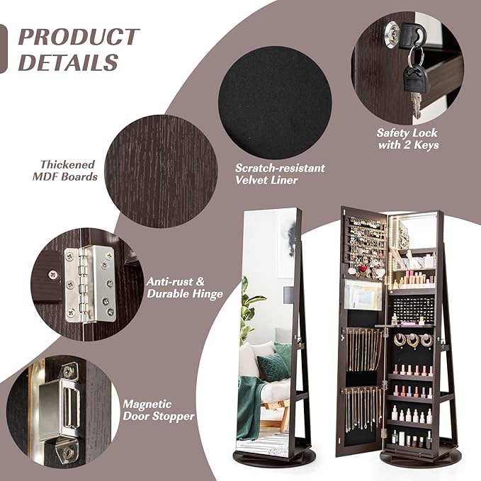 GOFLAME 360° Rotating Jewelry Cabinet with Full-Length Mirror, Freestanding Jewelry Armoire with 3-Color LED Light and Back Storage Shelf, Lockable Jewelry Organizer for Bedroom Cloakroom, Espresso