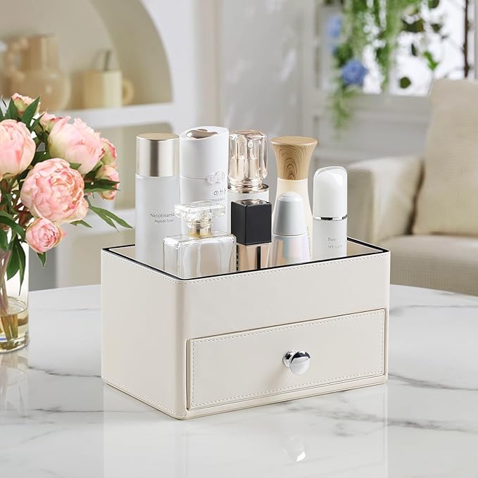 PU Leather Makeup Organizer with Drawer, Waterproof Cosmetic Storage Box, Multifunctional Nightstand Vanity Organizer for Skincare, Perfume, Jewelry, Bathroom Countertop (Beige)
