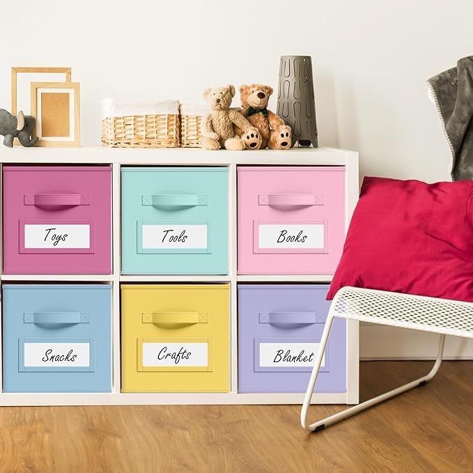 10 Pcs Fabric Storage Cubes with Labels 13 Inch Collapsible Cube Organizer Baskets with Window Cards for Shelf Nursery Clothes Book Toys Storage Bin(Macaroon)