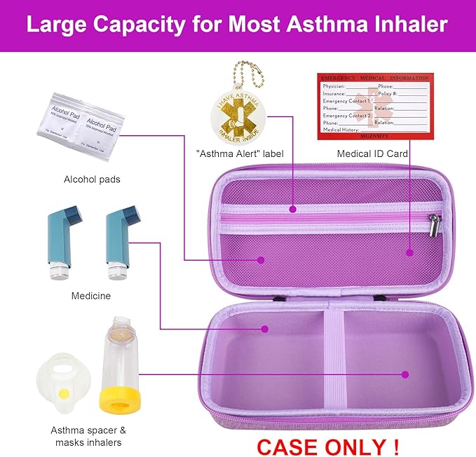 MGZNMTY Travel Carrying Case Compatible with Asthma Inhaler Spacer for Adults and Children, Masks, Inhaler Holder with Asthma Alert Tag and Medical Card, Carabiner (Only Case) (Purple)