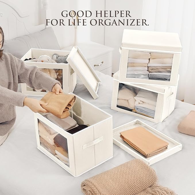 Large Storage Bins with Lids - Fabric Storage Cubes with Window, Collapsible Bins for Clothes, 15.7 Inch Large Baskets for Bedroom, Dorm, Office, Beige, 6 Pack