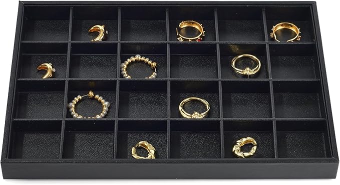 24 Grid Black Leather Jewelry Trays Earring Organizer Tray Jewelry Display Trays Jewelry Drawer Organizer for Ring Earrings Storage Display (Black)