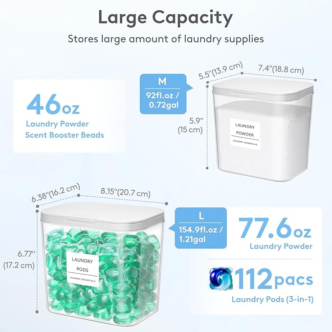Lifewit Laundry Pods Container with Pop-up Lid, Detergent Dispenser, Dryer Sheet Holder, Laundry Room Organization Storage Jars for Washing Powder, Soap, Scent Booster Beads,0.72+1.2gal, 5 Pcs