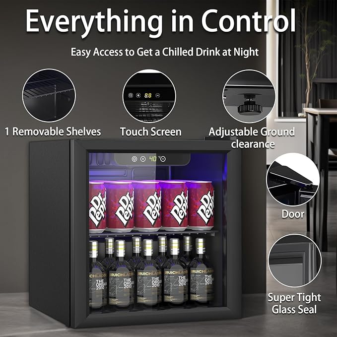 1.3 Cu.ft Beverage Refrigerator Cooler, 60 Cans Mini Fridge with Glass Door, and Temperature controllable switch for Soda, Beer or Wine For Office or Bar with Removable Shelves