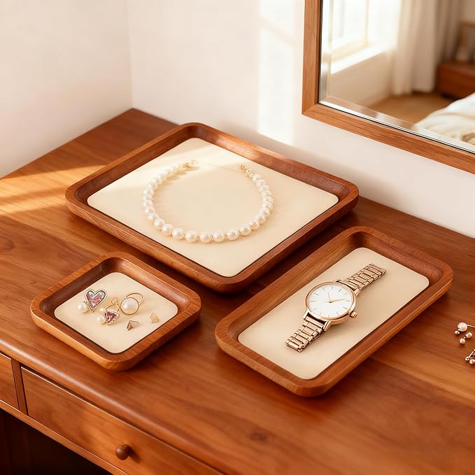 Wooden Jewelry Display Tray Rounded Rectangle Ring Showcase Stackable Elegant Bracelet Watch Jewelry Organizer for Personal Use and Commerce (Old Lace, Small-W 3.9'' x H 0.6'' x L 3.9'')