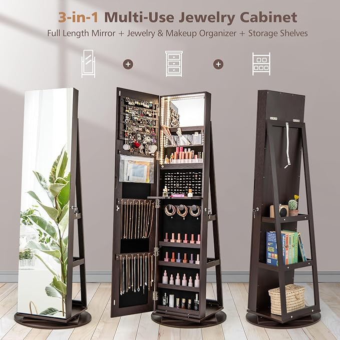 CHARMAID 360° Swivel Jewelry Armoire with Full Length Mirror, Rear Storage Shelves, Lockable Standing Jewelry Cabinet Organizer with Interior Vanity Mirror and 3-Color Lights (Espresso)