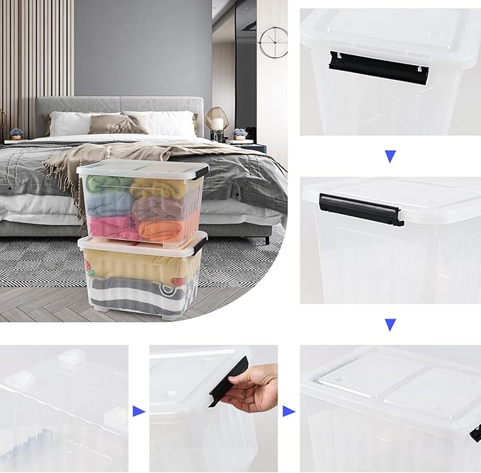 30 L Clear Plastic Storage Bin with Wheels, Lidded Latching Box, 4 Pack