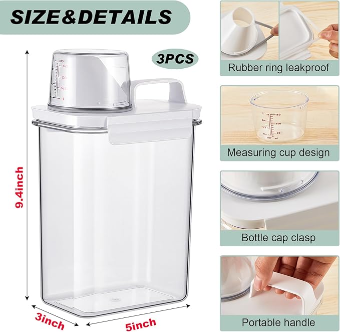 Tatuo 3 Pack Laundry Detergent Dispenser 61 oz Clear Liquid Container with 6 Removable Labels, Fabric Softener Pet Plastic Detergent Dispenser for Laundry Room Organization and Storage