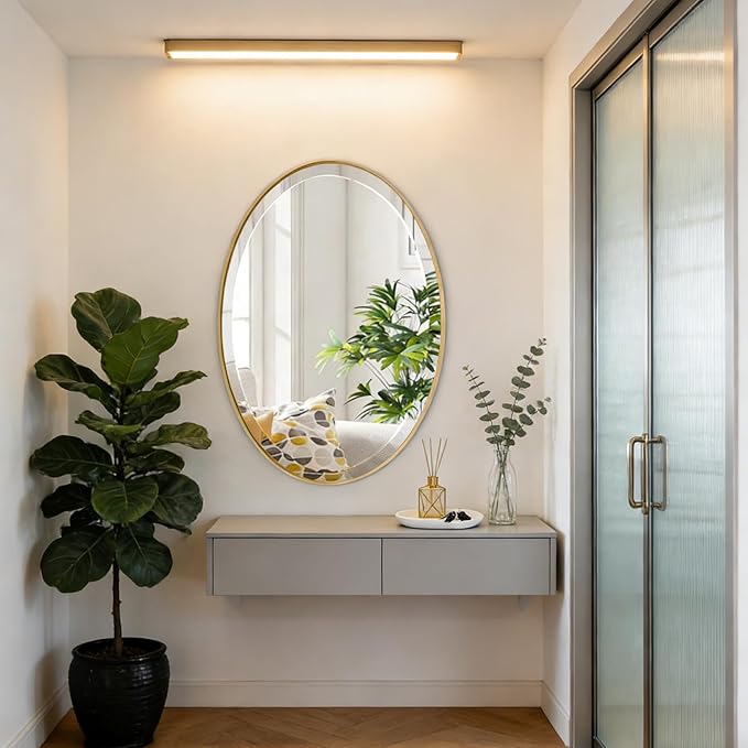 POZINO Vanity Beveled Mirrors, 22"x30" Oval Mirror for Over Sink, Modern Brass Mirror with Stainless Steel Frame, Brush Gold Rounded Mirrors for Bathroom Bedroom Living Room, Horizontal Or Vertical ﻿