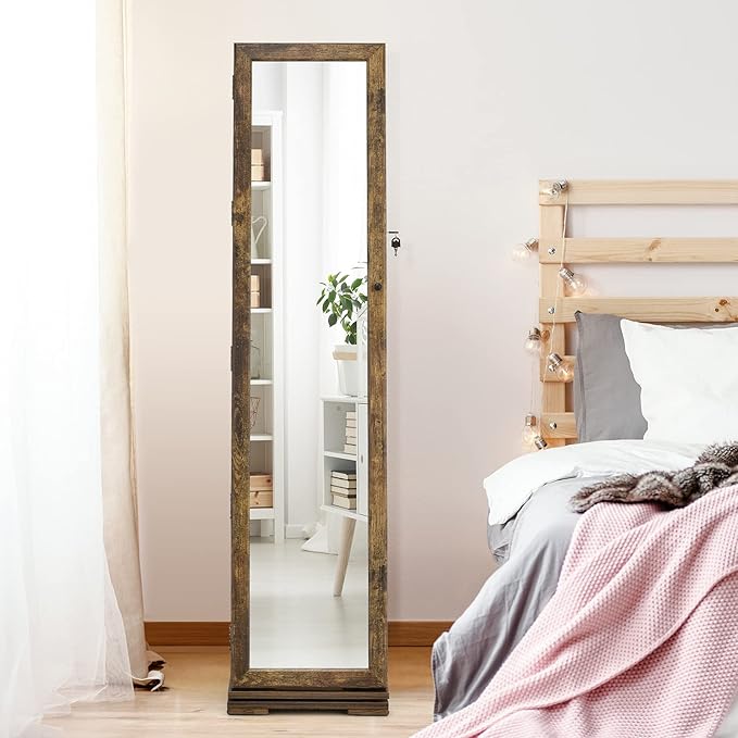 360° Swivel LED Mirror Jewelry Cabinet with Full Length Mirror, Lockable Floor Standing Mirrored Jewelry Armoire Organizer w/Inside Makeup Mirror & Back Storage Shelves (Rustic Brown)