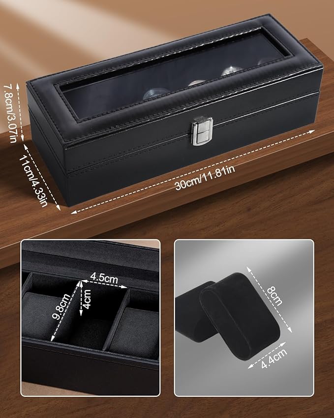 Uten Watch Box, 6 Slots Watch Case, Watch Organizer Jewelry Storage with Large Glass Lid, Black Lining, Watch Display Box for Men & Women Gift