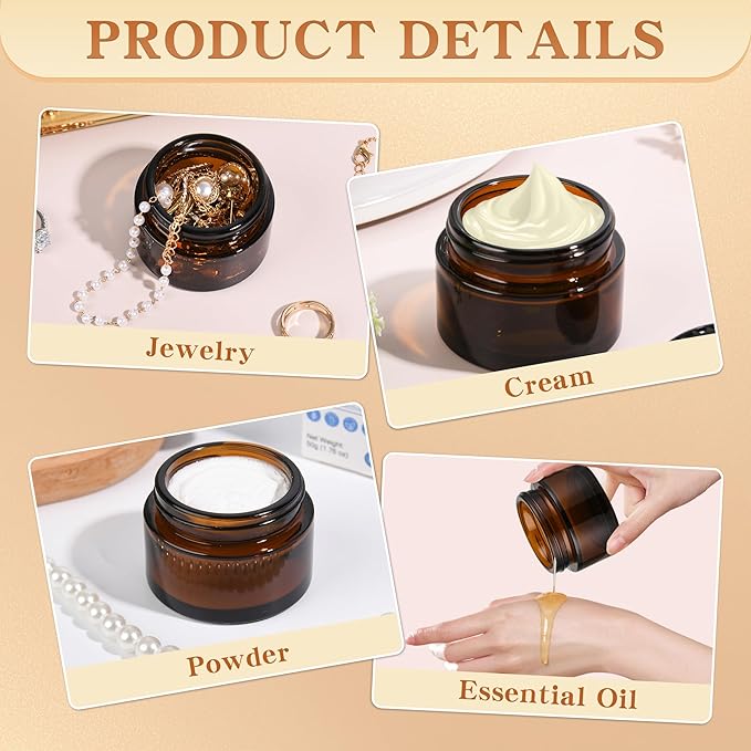Glass Jars with Lids,Eco-Friendly Cosmetic Containers with Airtight Black Lids & Liners, Multi-Color Options for Cream, Lotion, Body Butter, DIY Skincare Travel Jars (Amber, 1oz)