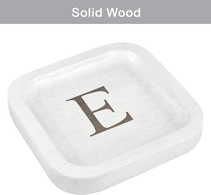 I'm Wooden Personalized Letter Catchall Valet Tray Trinket Dish Jewelry Tray Key Bowl Decorative Plate Organizing Ring Earrings Necklaces Bracelet Watch Coins Wallet Holder (6"x6" Sq White E)