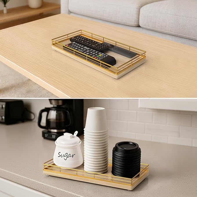 Bathroom Vanity Tray – 12" x 6" Oak Decorative Wooden Tray for Toilet Tank Organizer Wood Tray for Bathroom Countertop, Soap, Perfume & Storage, Vanity & Dresser Decor, Gold & Natural Oak