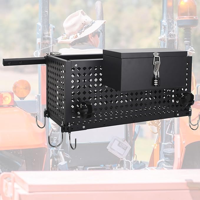 Heavy Duty Tractor Tool Box,Tractor Tool Tray with Lockbox and 27"-39"Adjustable Extension Rod,Tractor Basket Capacity 200 LBS with Universal Fitting Tractor Attachments,Used for Storage,Black