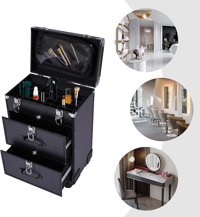 Professional Rolling Makeup Train Case with Drawers, Large Cosmetic Trolley with Locks,Cosmetic Trolley Organizer Case for Travel Makeup/Nail Art/Hair Styling (Black)