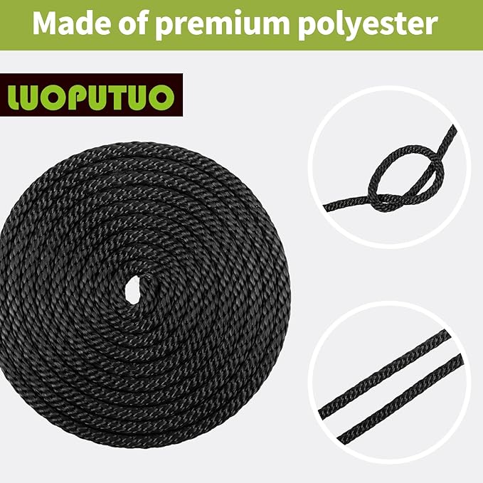 5/16 Inch 250FT Black Polyester Solid Braid Rope | High UV & Abrasion Resistance | Industrial Grade, Low Stretch | Multipurpose for Flag Poles, Clotheslines