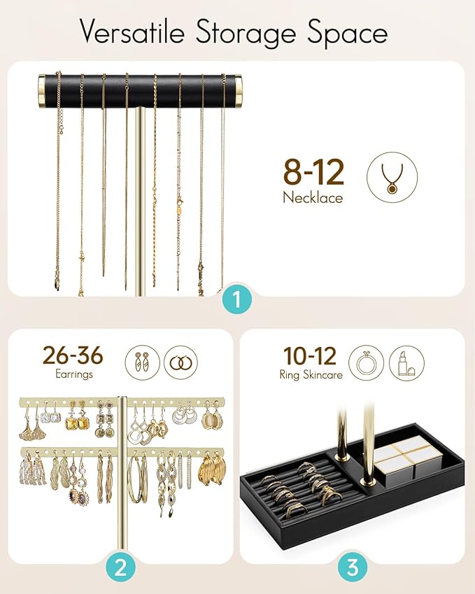 Vlando 2 Tier Necklace Holder Organizer with Tray, Leather Bracelet Holder Display for Women, Gold Jewelry Holder Stand for Bracelet, Necklace, Earrings, Rings - Black
