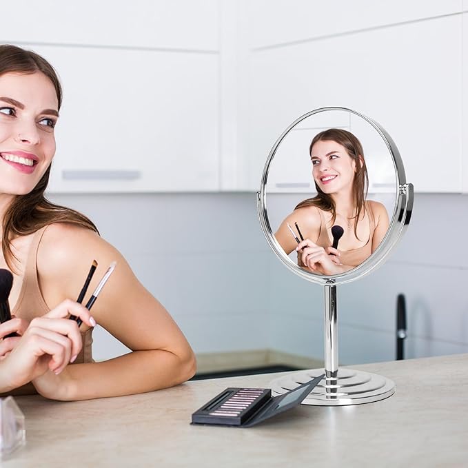Schliersee Makeup Mirror with Magnification Set of 2, Double Sided Swivel Mirror for 1X/2X Magnification Standing Table Vanity Mirror for Dressing, Bathroom, Bedroom, 7 Inch