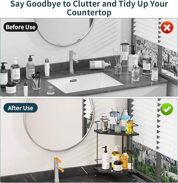 Bathroom Organizer Countertop, 2-Tier Bathroom Organizers and Storage for Bathroom Countertop, Kitchen Counter, Corner Storage Shelf for Storage, Skincare, Perfume, Makeup (Black)