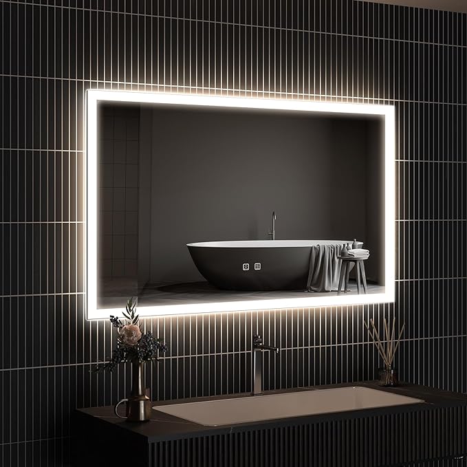 APRILSOUL 40x32 Inch LED Mirror for Bathroom, Led Vanity Mirror with Front and Backlit, 3 Color Lights, Memory Function, Anti-Fog and Dimmable Light (Horizontal/Vertical)