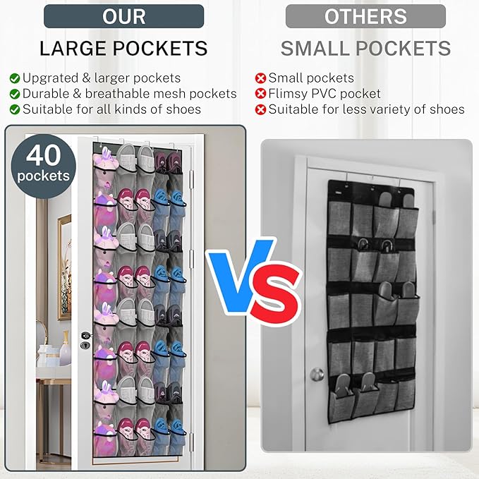 40-Pocket Over the Door Shoe Organizer - Large Mesh Pocket Hanging Shoe Organizer,Behind the Door Shoes Storage Holder Hanger,Large Capacity Design for Dorm Room College,Store 20 Pairs(Grey)