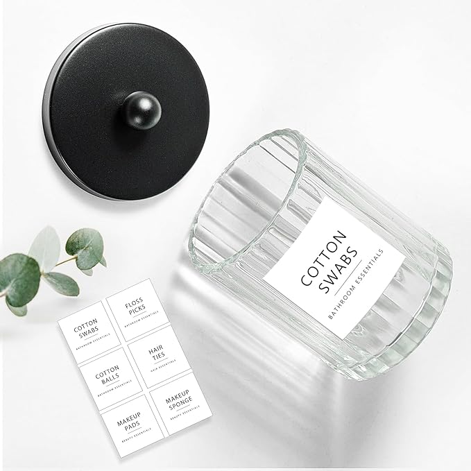 Amolliar Qtip Holder Dispenser for Cotton Swabs, Cotton Balls, Pads, Floss Picks, Clear Glass Canister Apothecary Jar, Bathroom Essential Accessories Decor, Bathroom Storage Organizer (Black, 2 Pack)