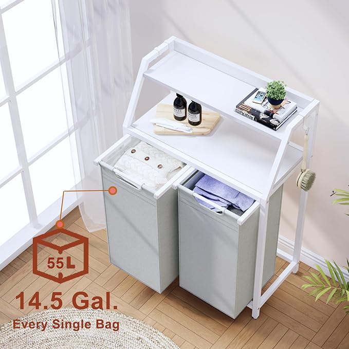 Laundry Hamper, Laundry Sorter 2 Section, Rolling Laundry Basket with Wheels, 2 Shelves, 2 × 14.5 Gal, Pull-Out and Removable Oxford Fabric Bags, for Laundry Room, White and Grey