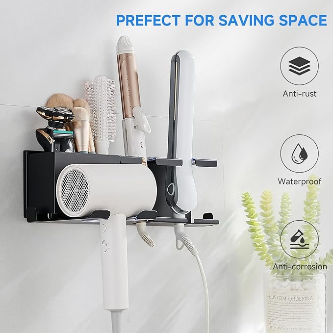 Hair Tool Organizer Wall Mounted,Hair Dryer Holder,blow dryer,curling iron,Straightener holder,Metal 3 in 1 Bathroom Bedroom Hair Accessories Tools Organizer Rack.Black