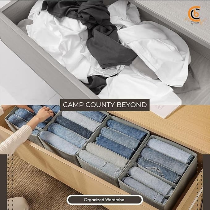 Foldable Wardrobe Clothes Organizer Storage Boxes - Set with 5 Grids- Fabric Shelf Dividers, Large Size Organizer with PPE Sheets, Stackable Clothing Box for Jeans,Pants, Sweaters,T-Shirts (Pack of 4)