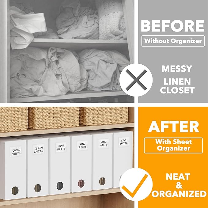 SpaceAid 6 Pack Bed Sheet Organizers and Storage, Foldable Sheet Organizer for Linen Closet, Sheets Set Folder Keeper with Window XL (Queen & King Size) Bedding Container, (White, 6 Pack)