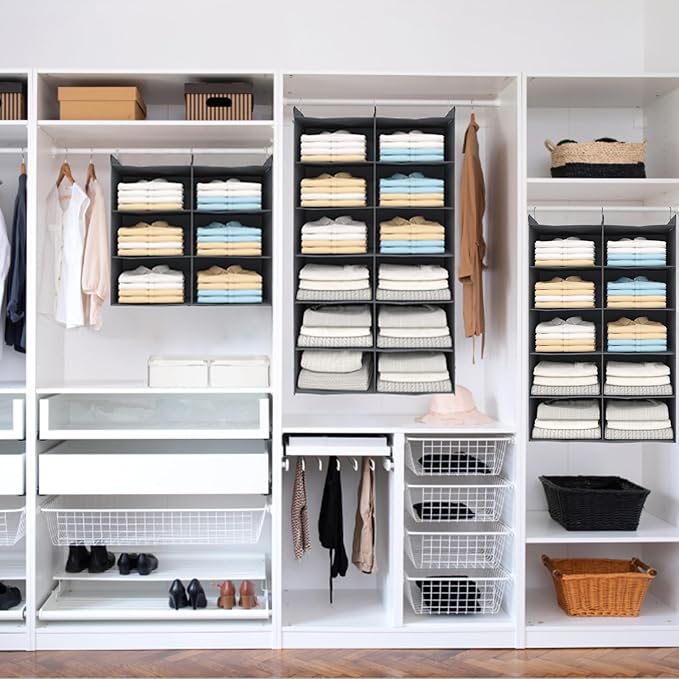 Dual-Row Hanging Closet Organizer – Foldable Clothes Storage Shelves with 3 Hooks, Space-Saving Wardrobe Organizer for Dorm Rooms, Bedroom or Closet (Grey, 4 Tier)