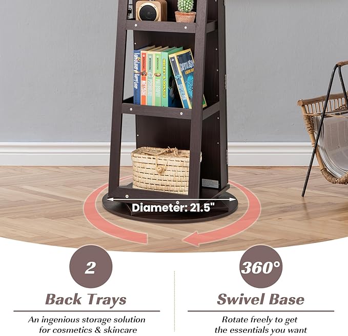 GOFLAME 360° Rotating Jewelry Cabinet with Full-Length Mirror, Freestanding Jewelry Armoire with 3-Color LED Light and Back Storage Shelf, Lockable Jewelry Organizer for Bedroom Cloakroom, Espresso
