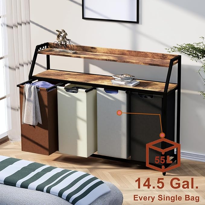 Laundry Hamper, Laundry Sorter 4 Section, Rolling Laundry Basket with Wheels, 2 Shelves, 4 × 14.5 Gal, Pull-Out and Removable Oxford Fabric Bags, for Laundry Room, 4 Colors