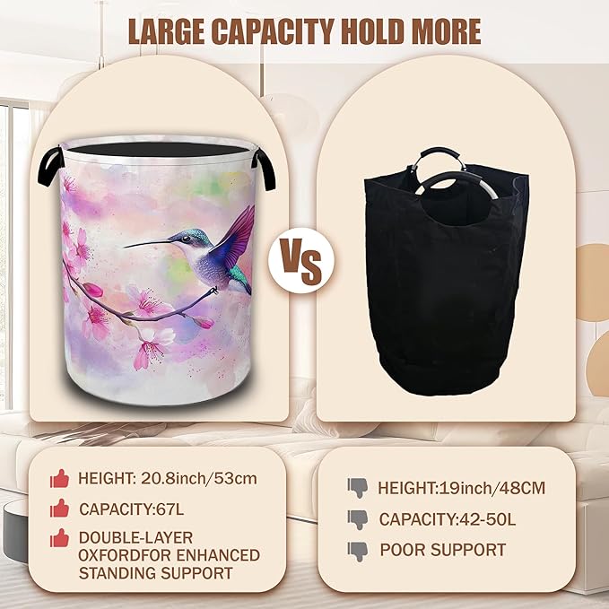 Laundry Basket,Cherry Blossoms and Humming Bird Collapsible Laundry Hamper Waterproof Oxford Cloth With Handles,Storage Bucket Toy Organizer For Bathroom/Bedroom/Nursery,16" x 20.8"