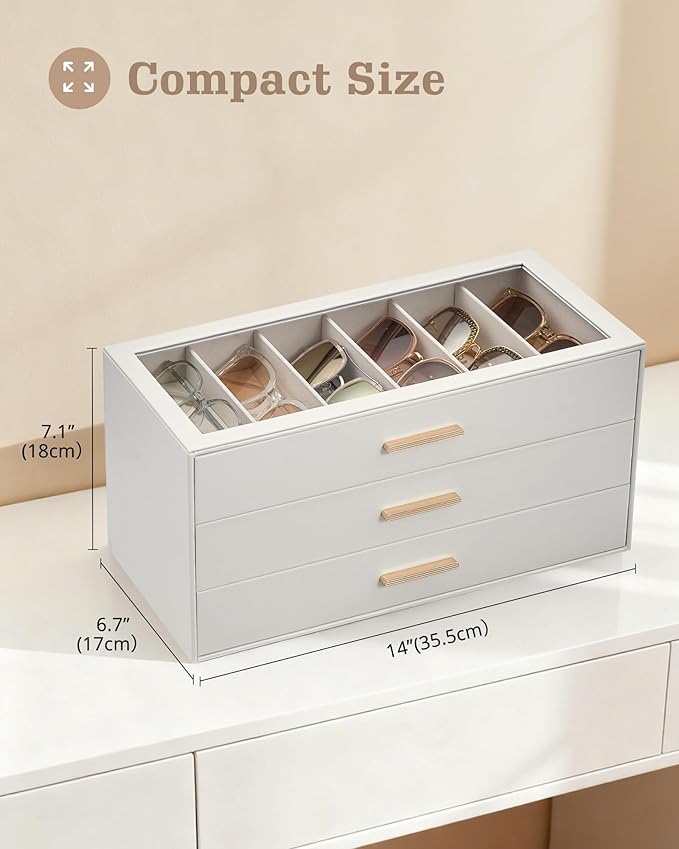 Lolalet Beige Sunglasses Storage Box for Women, Eyewear Eye Glass Organizer with Clear Top Lid Display Holder Case
