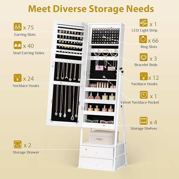 Bonnlo LED Jewelry Cabinet Armoire, Lockable Standing Mirror with Jewelry Storage, Full Length Mirror with 2 Drawers, Large Capacity Jewelry Organizer for Women, Gift Idea, Christmas Gifts,White