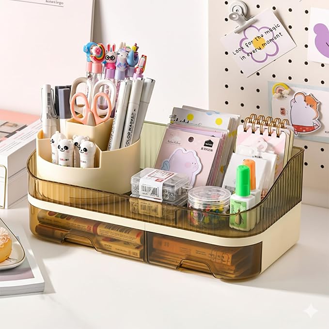 Makeup Organizer with Dual Drawers - Large Capacity Countertop Cosmetic Storage for Skincare Vanity Bathroom