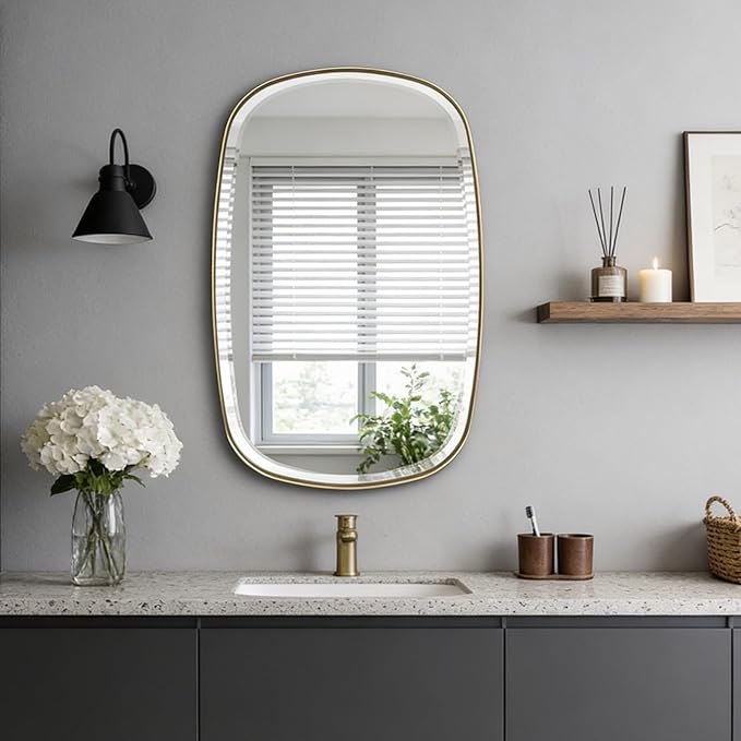 POZINO Brushed Gold Mirror, 20"x30" Brass Beveled Mirrors for Bathroom, Rounded Rectangle Mirror, Modern Vanity Wall Mirrors in Premium Stainless Steel Frame Hangs Horizontal Or Vertical