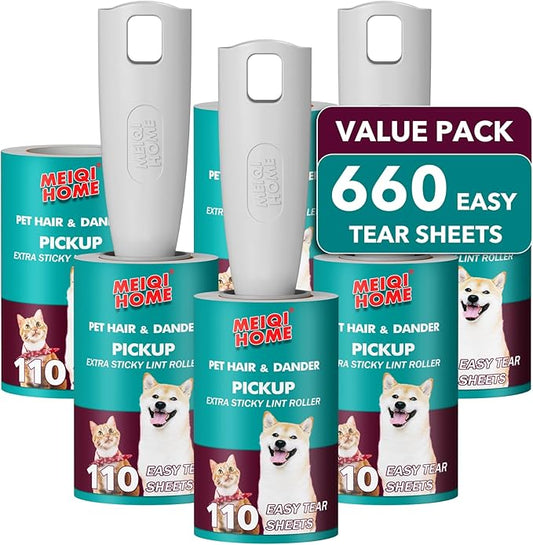 MEIQIHOME Lint Rollers for Pet Hair Extra Sticky, 660 Sheets Value Set Lint Roller with 3 Upgraded Handles, 6 Rollers Portable Pet Lint Remover for Clothes, Furniture, Carpet, Dog & Cat Hair Removal