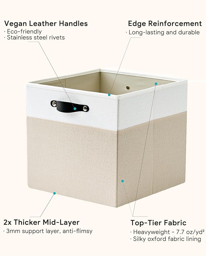 Storage Cube Bins | 7.7 oz/yd² Fabric Cubby Organizer Baskets for Shelf, Bookcase, Closet, Cabinet, Wardrobe | 11x11 Cube Drawer | 6 Pack, Beige & White, 10.5x10.5x11 Inch