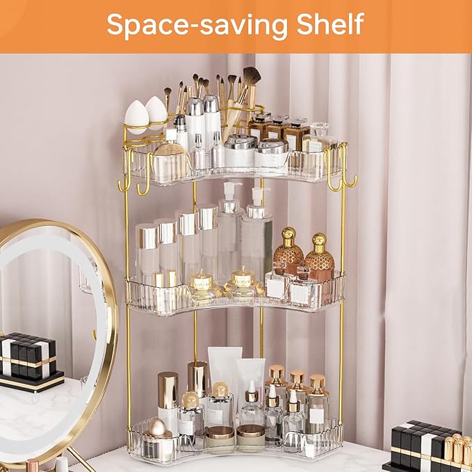 3-Tier Corner Bathroom Counter Organizer，Makeup & Skincare Shelf with Built-in Brush Holder，Space-Saving Bathroom Countertop Organizer for Skincare, Perfume, Cosmetics(Green)