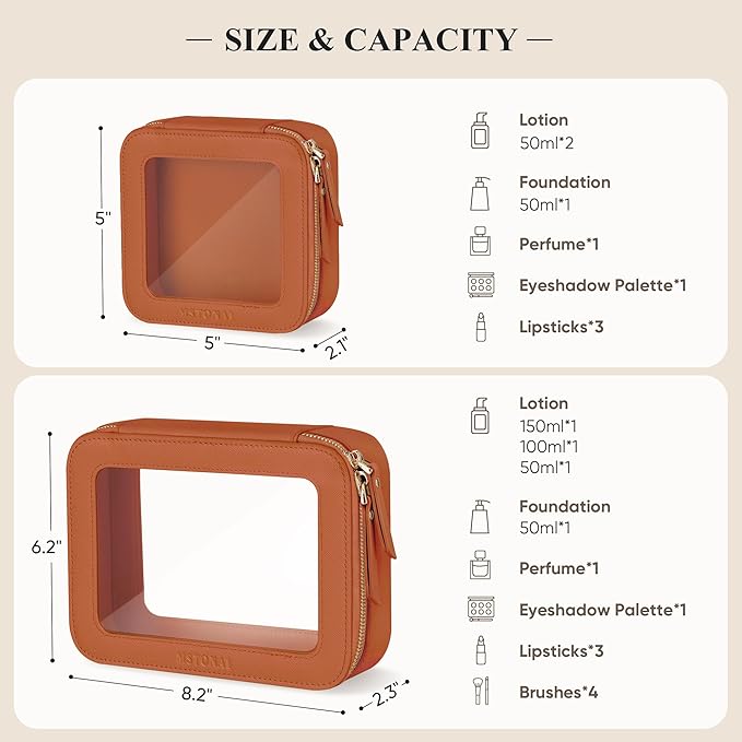 Clear Makeup Bag, Travel Toiletry Bag Cosmetic Case for Women, Waterproof Portable Small Make Up Skincare Pouch with Zipper, Compact Car Organizer Bag for Essentials, Mini Size, Brown