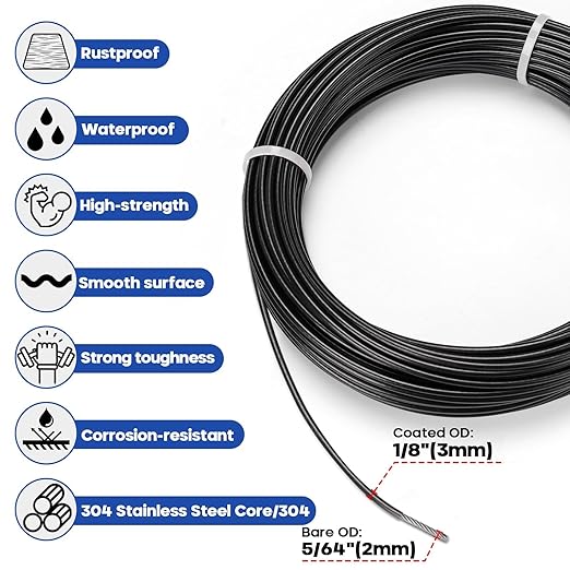 TooTaci 1/8 Black Vinyl Coated Stainless Steel Cable, 100ft Wire Rope with 50pcs Crimping Sleeves and 20pcs Thimbles, 7x7 Strand Core Metal Cable for String Light, Shade Sail, Clothesline, Curtain