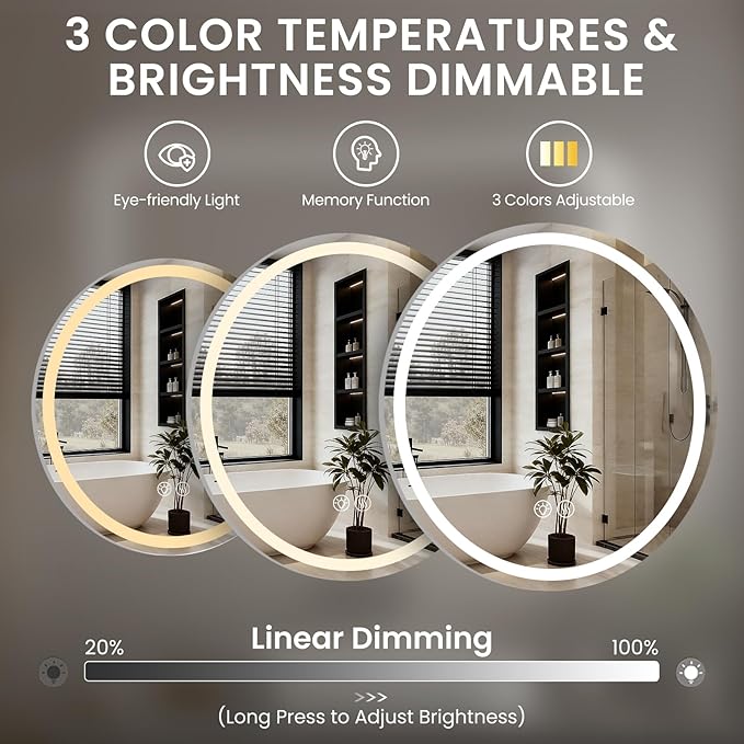 LED Bathroom Mirror 36 Inch Round Bathroom Mirror with Lights, Circle Wall Mirror with 3 Colors Brightness, Anti-Fog for Bathroom Vanity, Entryway Living Room