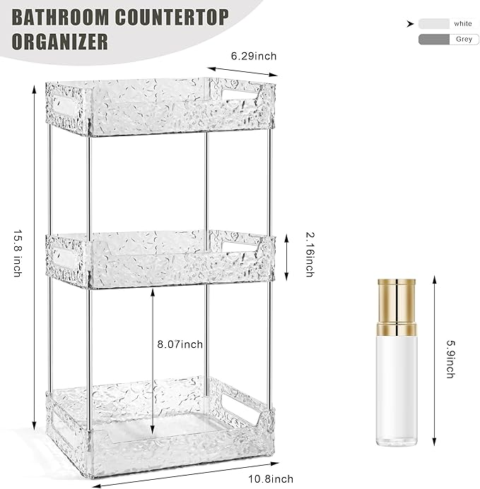 3-Tier Bathroom Counter Organizer Countertop Storage, Dresser Organizer Vanity Tray for Makeup, Perfume Organizer Cosmetics Skincare Shelf - Clear