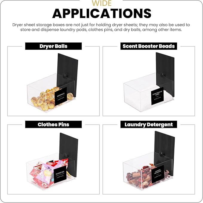 Dryer Sheet Holder with 30 waterproof Labels, Acrylic made tissue box holder with black bamboo lid, Acrylic Container Storage Box for Laundry Room Organization, Holds Sheets, Balls (Black)
