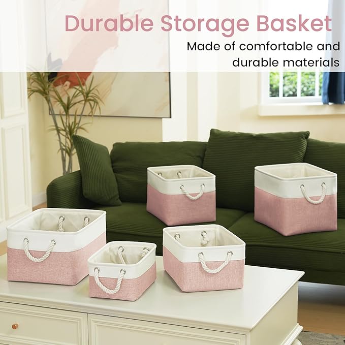 Large Storage Baskets- 15.7x11.8x8.26 inch Storage Bins for Shelves and Closet Organizing, Foldable Fabric Bin for Home Organization Clothes and Laundry (3-Pack, White&Pink)